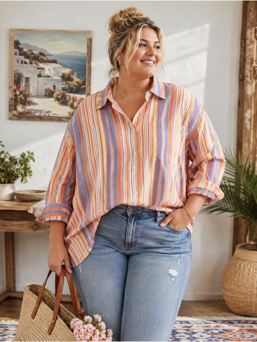 Ulla Popken Pastel Striped Button-Down Shirt in Orange, Blue & Cream